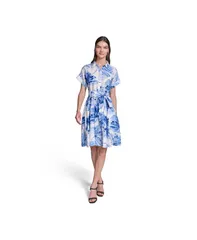 カール ラガーフェルド レディース トップス シャツ プリント KARLAGERFELD PARIS Womens Crinkle Woven Printed ShirtDress Porcelainのサムネイル