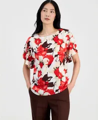 アンクライン レディース トップス シャツ プリント Anne Klein Womens Printed FlutterSleeve Top White Dove Multi ホワイトのサムネイル