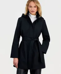 カルバンクライン レディース アウター コート Calvin Klein Womens Belted Hooded ZipFront Raincoat BLACK ブラックのサムネイル