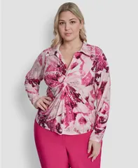 ダナ キャラン ニューヨーク レディース トップス シャツ プラスサイズ 長袖 DKNY Plusize Colla red LongSleeve Top Hot PinkPebble Multi ピのサムネイル