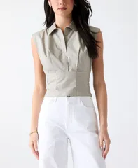 ゲス レディース トップス シャツ ノースリーブ GUESS Womens Cherry Colla red Sleeveless Top Sage Leaf セージのサムネイル