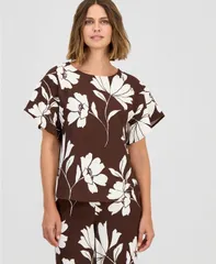 アンクライン レディース トップス シャツ プチ Anne Klein Womens FlutterSleeve BoatNeck Top Regular Petite Dark Chocolateのサムネイル