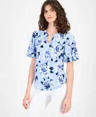 アンクライン レディース トップス シャツ プリーツ プリント ベルスリーブ Anne Klein Womens Pleated Printed BellSleeve Top Lakeshore Muのサムネイル