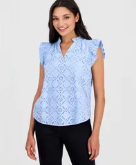 アンクライン レディース トップス シャツ コットン Anne Klein Womens Cotton Eyelet FlutterSleeve Top Lakeshoreのサムネイル