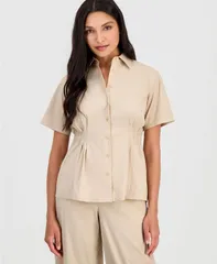 アンクライン レディース トップス シャツ プチ Anne Klein WomensidePleat ButtonFront Shirt Regular Petite Safariのサムネイル