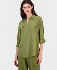 アンクライン レディース トップス シャツ プチ Anne Klein Womens Colla red HalfZip RollTab Shirt Regular Petite Bay Leafのサムネイル
