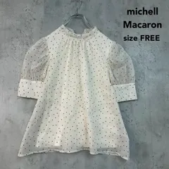 michellMacaron ミシェルマカロン F フリーサイズ ブラウス トップス ドット 柄 シアー シフォン バックリボン ボウタイ ハイネック パフスリーブ 五分袖 半袖 アイボリー クリーム オフホワイト ガーリー ★ ■◆のサムネイル
