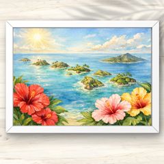 A4 南国の島々とハイビスカス 咲く海の風景画アート インテリアアート