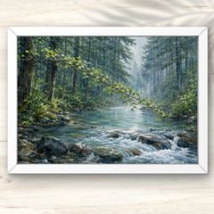 A4 雨に潤う森の清流 水彩画風景画アート 深緑と静寂の癒し インテリア