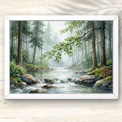 A4 雨に潤う森の清流 水彩画風景画アート 深緑と静寂の癒し インテリア