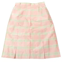 良品 courreges クレージュ シルク ボックスプリーツ 台形スカート ハーフ 膝丈 チェック 64-91 ピンク グリーン レディース 古着 中古 USEDのサムネイル
