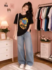 レディース オーバーサイズ プリンティング 半袖Tシャツ ブラックのサムネイル