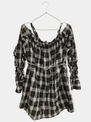 Heather ヘザー チュニック F ブラック コットン チェック柄 フリル 長袖 レディースのサムネイル