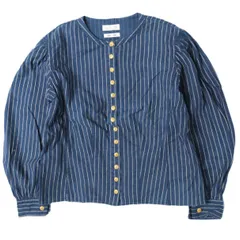 BEAMS BOY ビームスボーイ 日本製 ウォバッシュストライプノーカラーシャツ  1311-0016-818 ONE SIZE Indigo 長袖 バンドカラー トップス g27630のサムネイル