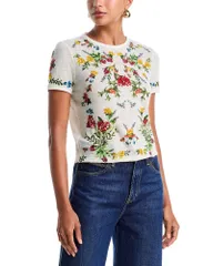 アリスアンドオリビア レディース トップス Tシャツ 刺繍 クロップド Alice and Olivia Cindy Embroide red Cropped Tee Desert Sprigs Vaのサムネイル