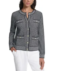 カール ラガーフェルド レディース アウター カーディガン ニット KARLAGERFELD PARIS Zig Zag Knit Button Front Cardigan Black Soft Wのサムネイル