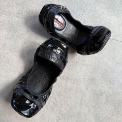 미품 PRADA 프라다 발레 슈즈 플랫 슈즈 펌프스 로고 37 여성 24cm PRADA SPORTS 블랙 가죽 특허 가죽