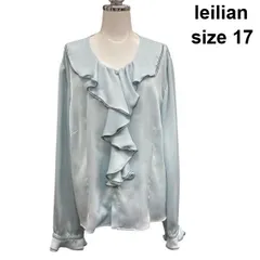 ◇ レリアン leilian ブラウス 長袖 ラッフルフリル ドット模様 プルオーバー トップス 水色 17 4L レディース Z6C609のサムネイル