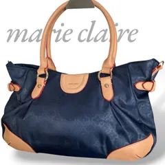 【MY1030】marie claire マリクレール トートバッグ ハンドバッグ キャンバス レザー ネイビー ブラウン 肩掛け 手提げ 鞄 レディースのサムネイル
