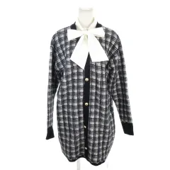 ミシェルマカロン michell Macaron カーディガン F 紺 ネイビー チェック柄 ボウタイ衿付き 長袖 Vネック ロング /MN33 ■GY99のサムネイル