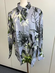 【クリーニング済・名作】ポールスミス "Painted Leaf" 植物 総柄 長袖シャツ グレー緑 XLのサムネイル