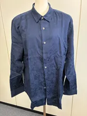 【クリーング済・高級ライン】ポールスミスコレクション ボタニカル 織柄 ジャガード 長袖 綿麻シャツ 濃紺 ネイビー XLのサムネイル