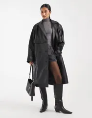 エイソス レディース アウター コート レザー ASOS DESIGN mid length realeather trench coat Black ブラックのサムネイル