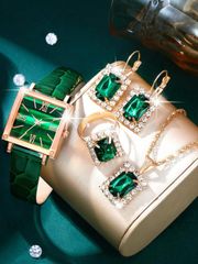 Ladies' Watch Set, Casual Quartz Watch with PU Leather Strap, Necklace, Earrings, and Ring, Square Full Rhinestone Jewelry Set, Suitable for Everyday Use, Perfect for Thanksgiving, Halloween, Christmas, Birthday Parties, Ramadan, and Other Occasions