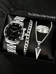 Men's Watch Set - 4-Piece Set: Quartz Watch, Bracelet, Necklace, Ring, and Jewelry Set. Suitable for business casual, minimalist style, with calendar function. Perfect for everyday wear, decoration, and as a holiday gift for Father's Day, Thanksgiving, or as a present for friends or fathers.