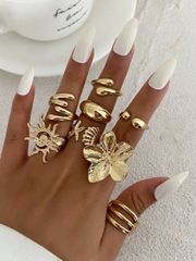 Women's Ring Set, Vintage Bohemian Style, 8-Piece Set, Metal, Starfish, Spiral, Sun-Shaped Rings, Asymmetrical Waterdrop Open Ring, Elegant Floral Ring, Perfect for Everyday Wear, Beach Holidays, and Festival Gift Jewelry Set