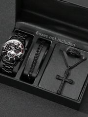 Men's Quartz Watch with Black Band, Fashionable Casual Style, Mixed Colors, Calendar, Quartz Watch, Bracelet, Necklace, and Ring Jewelry Set (4-piece set), Suitable for Daily Wear or Holiday Gifts.