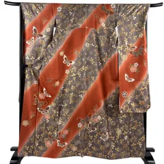 振袖 身丈165cm 裄丈67.5cm L 袷 蝶 桜 金糸 金彩 灰茶 正絹 優品 【中古】のサムネイル