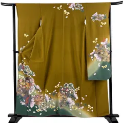 【美品】 振袖 身丈158cm 裄丈63cm S 袷 桜 蝶 金彩 箔 黄土色 正絹 優品 【中古】のサムネイル
