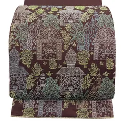 【美品】 袋帯 逸品 龍村平蔵 落款 関西仕立て 建物 草花 刺繍 箔 焦茶色 六通 正絹 【中古】のサムネイル