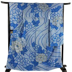 振袖 身丈166cm 裄丈65cm M 袷 やまと 牡丹 総絞り 金糸 青 正絹 秀品 【中古】のサムネイル