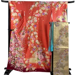 振袖 身丈164cm 裄丈67.5cm L 袷 袋帯フルセット 草花 松 箔 金彩 オレンジ 正絹 秀品 【中古】のサムネイル
