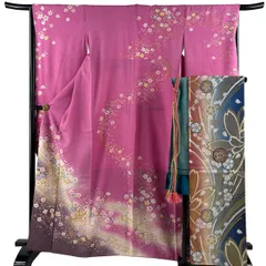 振袖 身丈164.5cm 裄丈66.5cm M 袷 袋帯フルセット 桜 流水 金彩 染め分け ピンク 正絹 秀品 【中古】のサムネイル