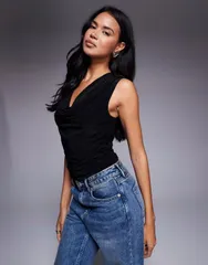 エイソス レディース トップス タンクトップ ドレープ ASOS DESIGN slinky cowl neck drape top Black ブラックのサムネイル