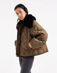 エイソス レディース アウター コート キルティング ジャケット ASOS DESIGN quilted hybrid borg collarless jacket Khaki カーキのサムネイル