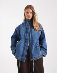 エイソス レディース アウター ジャケット・ブルゾン スタンドネック デニム ASOS DESIGN denim funnel neck jacket MID BLUE ブルーのサムネイル