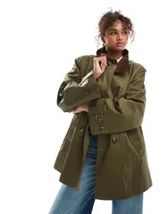 エイソス レディース アウター コート キルティング ASOS DESIGN waxed trench coat with quilted lining in olive Olive オリーブのサムネイル