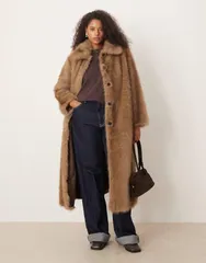 エイソス レディース アウター コート ASOS Curve ASOS DESIGN Curve longline tipped faux fur car coat Brown ブラウンのサムネイル