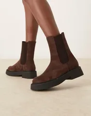 エイソス レディース シューズ ブーツ・レインブーツ チェルシーブーツ スエード チェルシー ASOS DESIGN Andy flat chunky chelsea boots in chocolaのサムネイル
