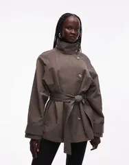 エイソス レディース アウター コート スタンドネック ASOS DESIGN funnel neck tie beltrench coat in mushroomのサムネイル