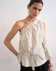 トップショップ レディース トップス タンクトップ モノクロ Topshop one shoulder woven striped top in monochrome Mono stripe ストライのサムネイル
