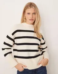 マンゴ レディース アウター ニット・セーター クルーネック Mango crew neck sweater in cream and white stripe CREAM クリームのサムネイル