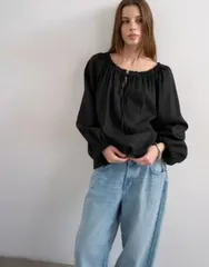 トップショップ レディース トップス シャツ ブラウス リネン Topshop trapeze linen blend tie front blouse Black ブラックのサムネイル