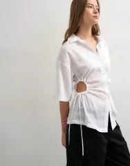 トップショップ レディース トップス シャツ Topshop short sleeve fitted shirt with gathered waist White ホワイトのサムネイル