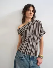 トップショップ レディース トップス シャツ Topshop striped fallen shoulder textured top Multi マルチカラーのサムネイル