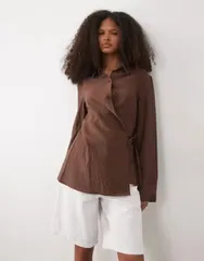 マンゴ レディース トップス シャツ リネン Mango linen mix long sleeve shirt with side tie BROWN ブラウンのサムネイル